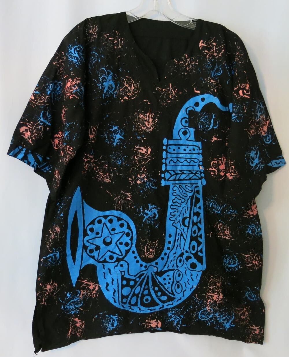 AFRICAN Handmade Dashiki Mens Shirt  Saxophone Black Blue Tribal Ethnic Festival